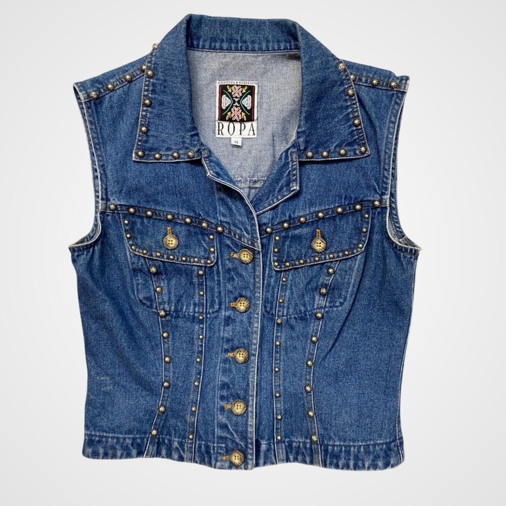 Hairston Roberson Ropa Denim Vest Womens Small Blue Excellent Studded USA 616211